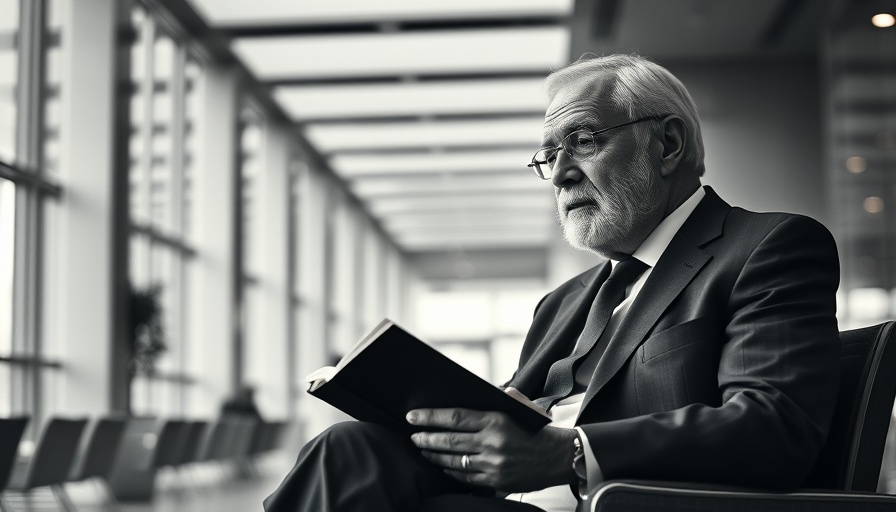 Older man in suit seated thoughtfully in modern interior.