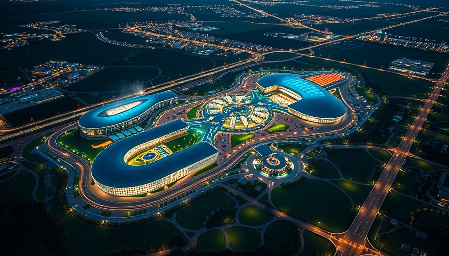 Aerial night view of Expo 2030 Riyadh LAVA masterplan's futuristic architecture.