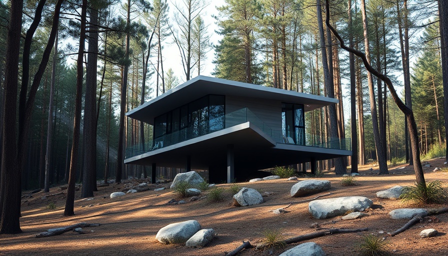 Modern elevated house with sleek Carmel Architectural Design in forest.