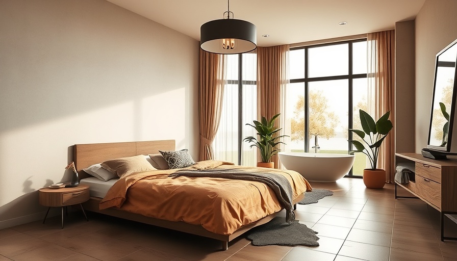 Modern bedroom with elegant tile flooring and minimalist design.