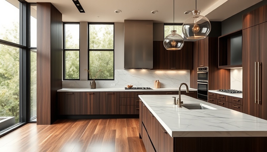 Modern kitchen design with dark wood and marble, Yukari House Design.