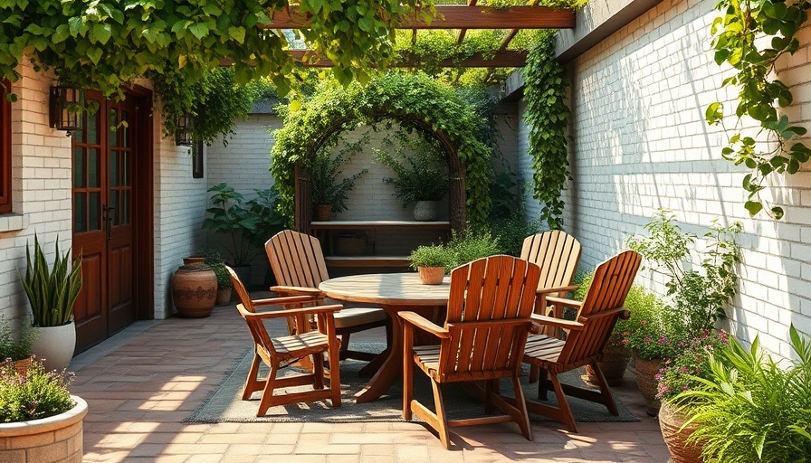Rustic garden patio with wooden chairs, lush greenery, Carmel Pebble Beach Interior Design.