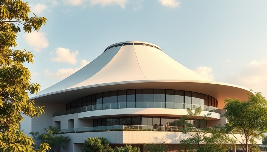 Modern building with parabolic roof design surrounded by lush greenery.