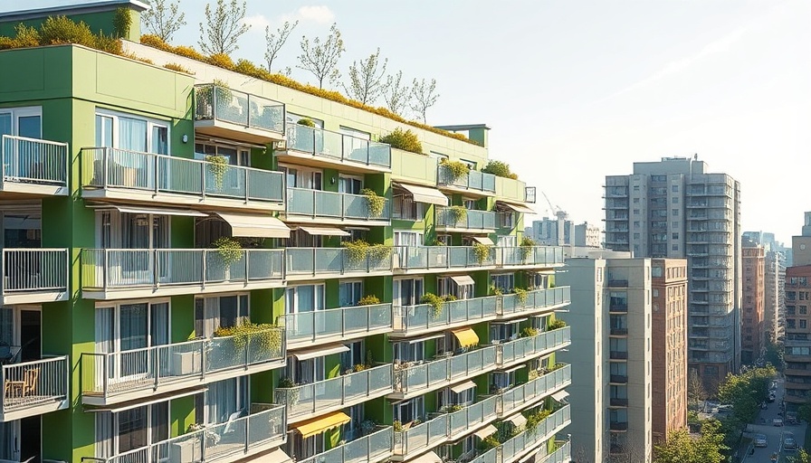 Modern social housing building with rooftop garden in urban setting.