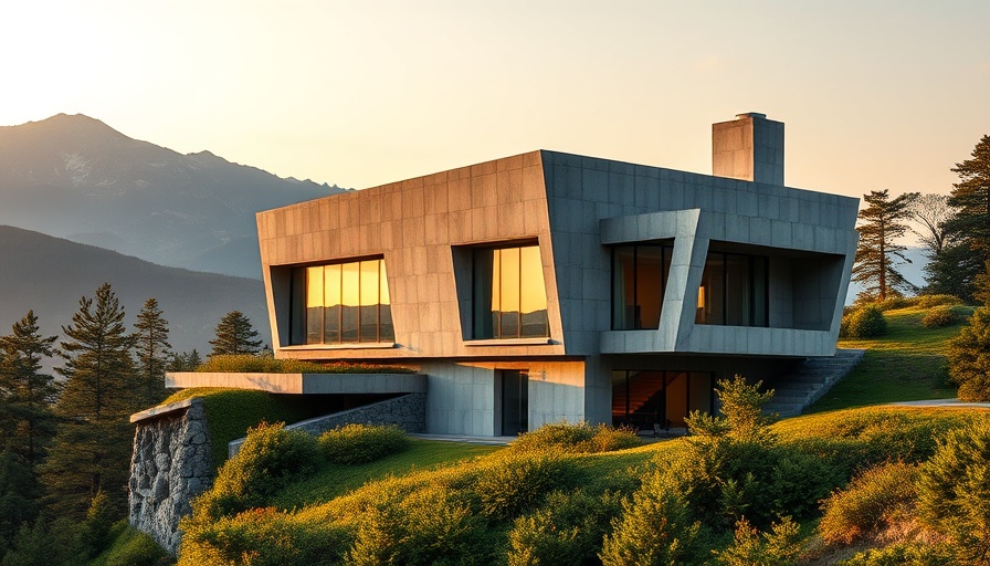 Brutal Honesty mountain house design in a serene mountain setting at sunset.