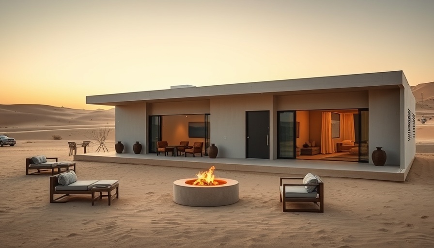 Sleek prefabricated desert hotel suite with fire pit at dusk.