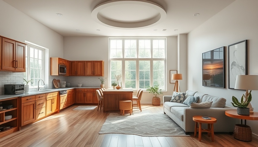 Modern kitchen with wood cabinets and natural lighting, featuring a cozy living area.