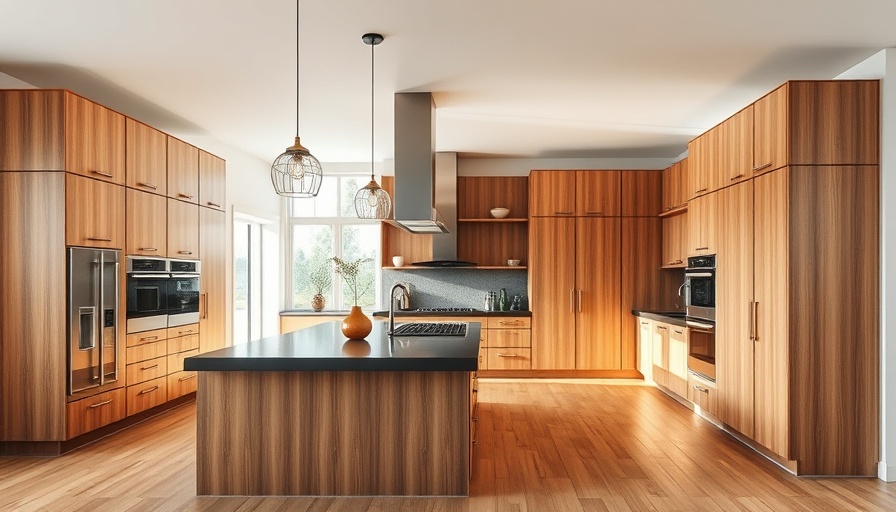 Modern kitchen with sleek wood cabinets, large island, and pendant lights.