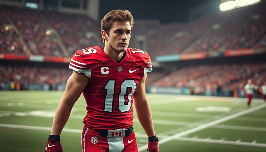 Canadian football player with determination walks on field in CFL game.