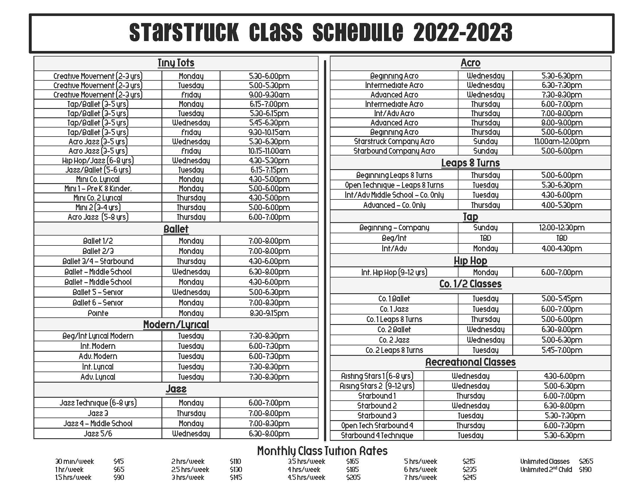 Starstruck Performing Arts Academy class schedule 2022-2023