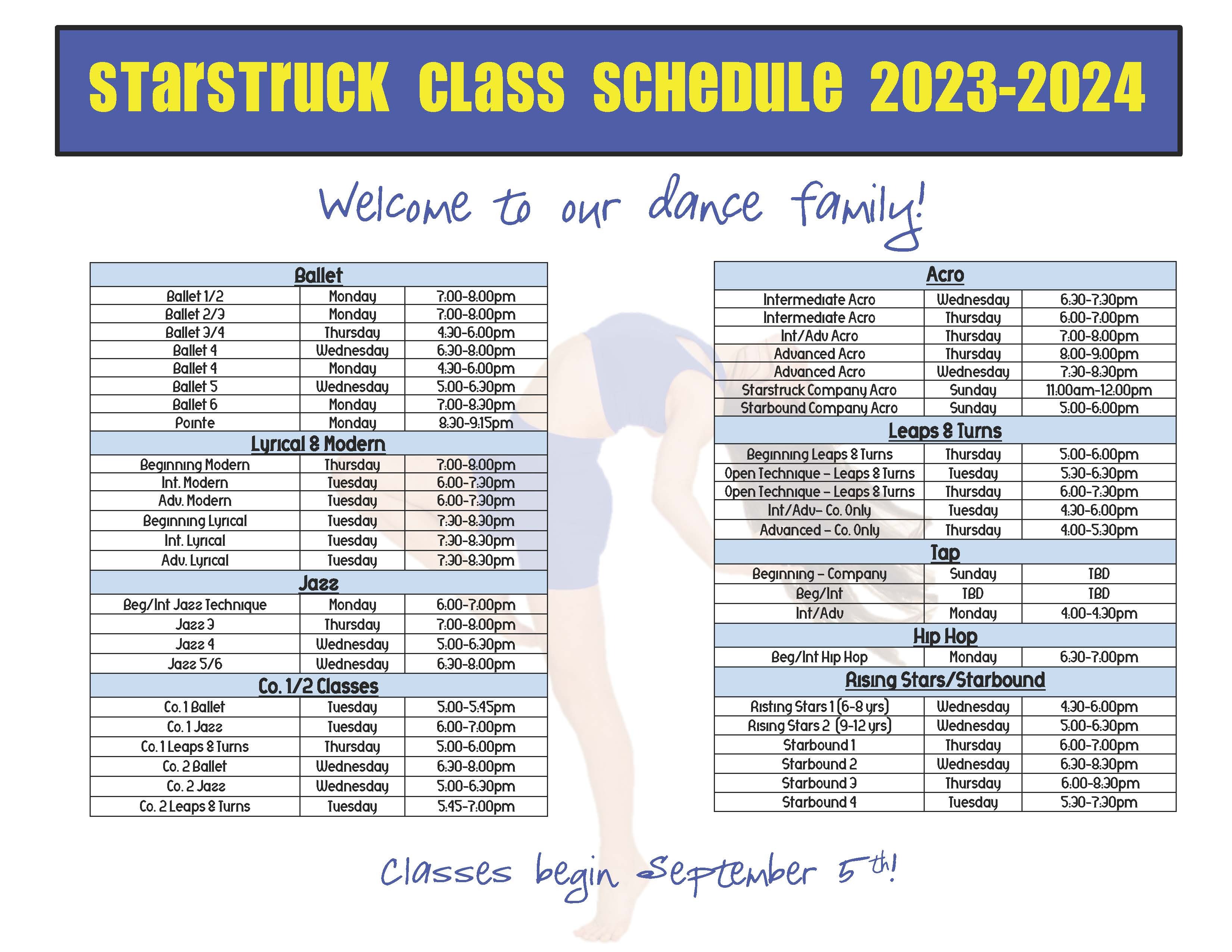 Starstruck Performing Arts Academy group Fall Schedule Page 1 Info