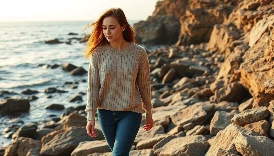 Casual woman walking on rocky beach in sweater and swimsuit.