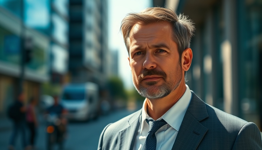 Middle-aged man in suit outdoors, blurred urban background.