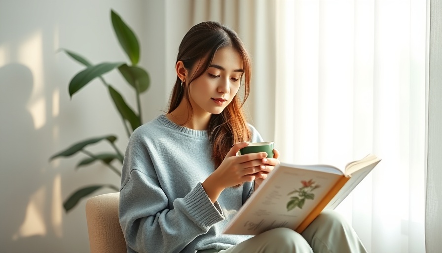 Young woman enjoying a slower morning routine with tea and book.
