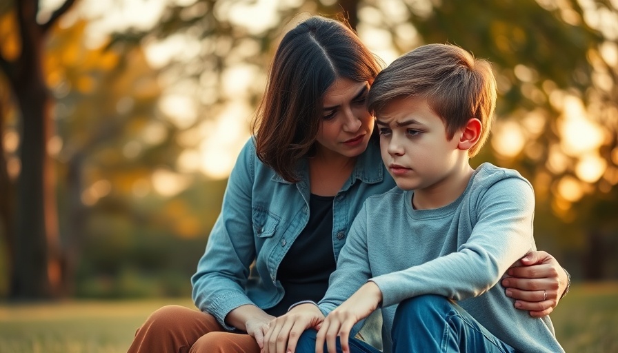 Concerned mother comforting stressed teenage son sitting outdoors.