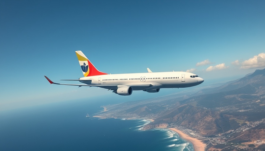 Air Transat plane flying over Rio de Janeiro coastline, showcasing scenic views.