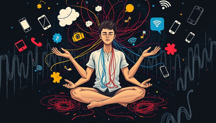 Artistic meditation illustration depicting mindfulness and distractions.