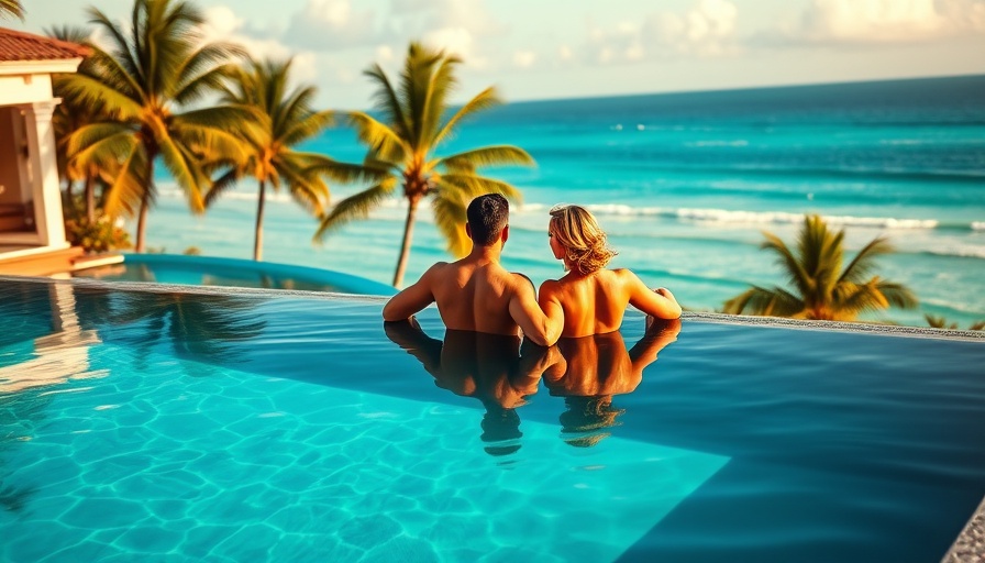 Couple relaxing by infinity pool at tropical Royalton Hotels & Resorts.