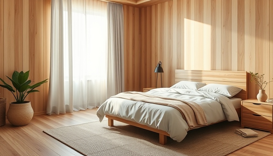 Minimalist bedroom in wellness retreat by the ocean with earthy tones.
