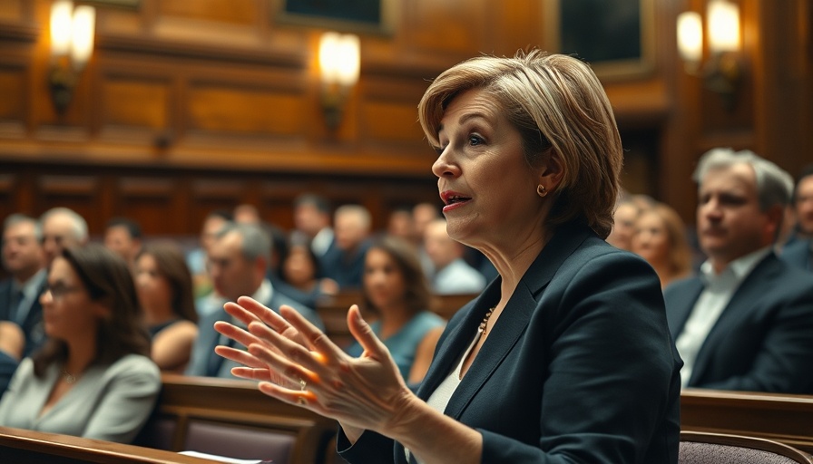 Middle-aged woman speaking about Air Canada strike arbitration news in formal assembly.
