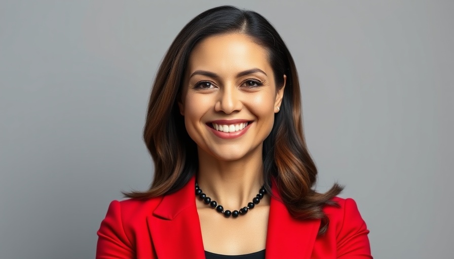Professional woman in red blazer smiling confidently.