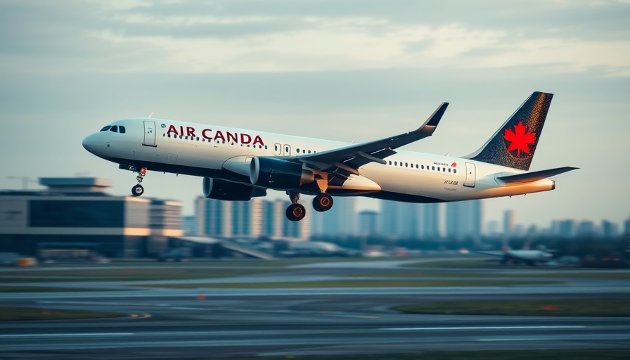 Air Canada airplane taking off from runway, cityscape background.