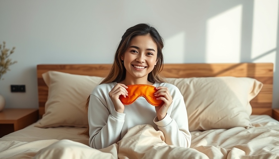 September reset: Young woman smiling in cozy bedroom with sleep mask.