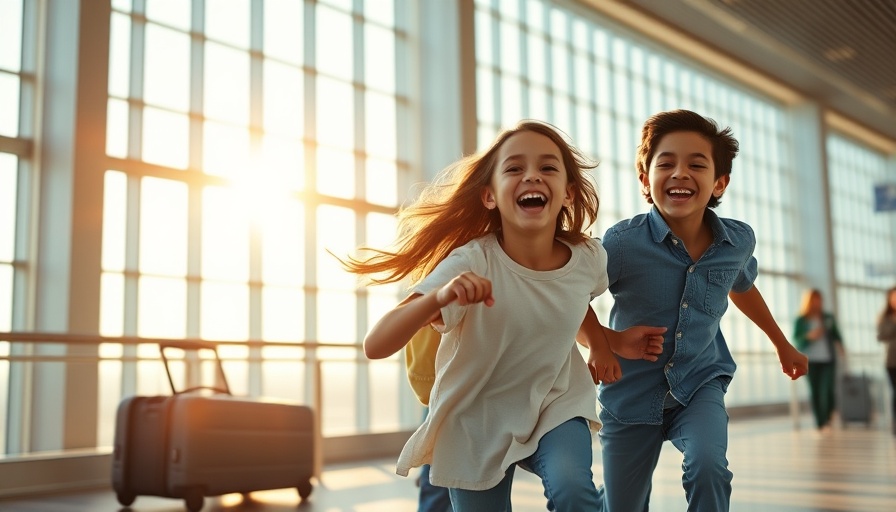 Joyful family planning great family vacations, running in airport.