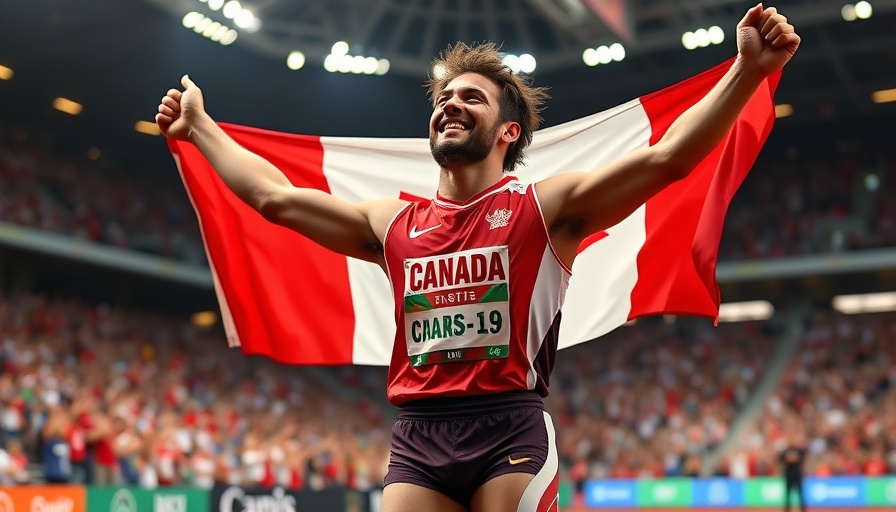 Ethan Katzberg celebrating gold medal hammer throw with Canadian flag.