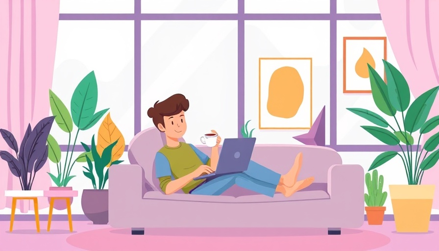 Colorful cartoon of a person enjoying desk chair meditation with a laptop.