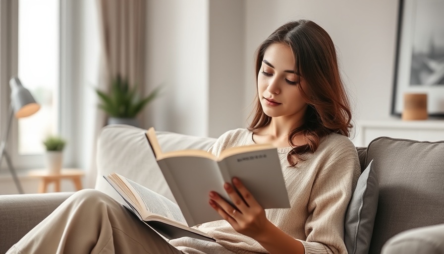 Young woman reads short inspiring books on a cozy sofa.