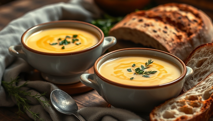 Warm bowls of soup with herbs and bread on a rustic table for fall soup recipes.