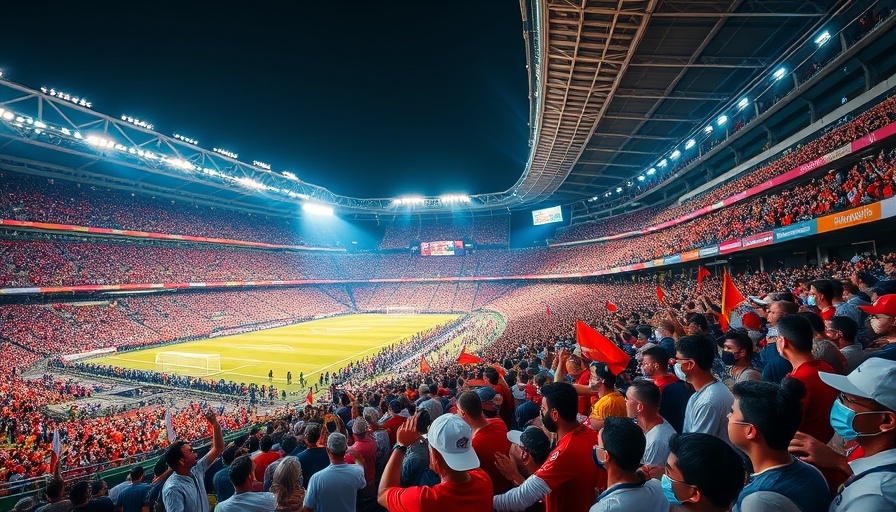 Vibrant stadium filled with enthusiastic fans promoting sports tourism.