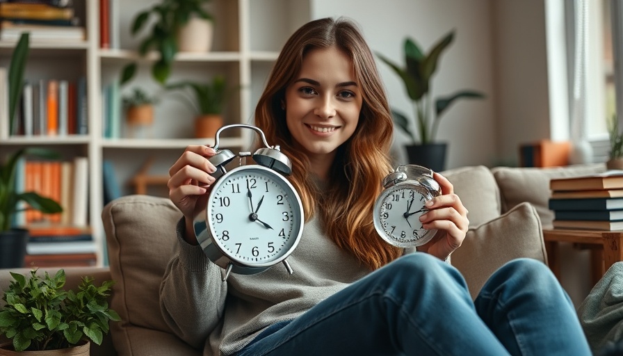 Young woman with alarm clock, focusing on everyday habits, cozy setting.