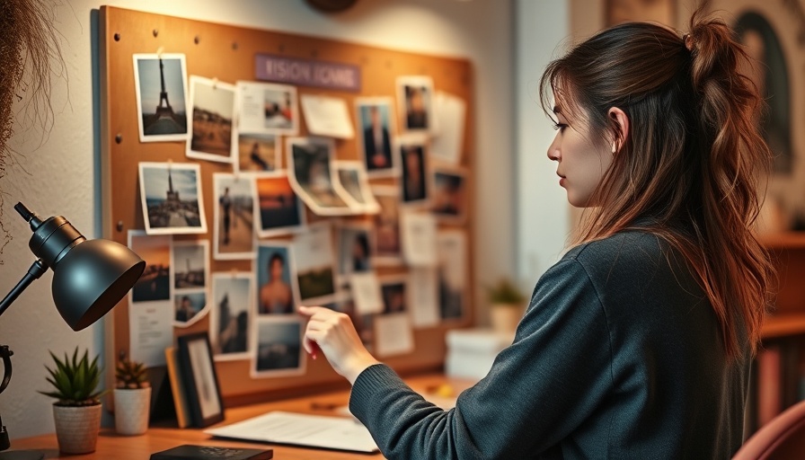 Woman creating a vision board with photos and notes, warm lighting, cozy setting.