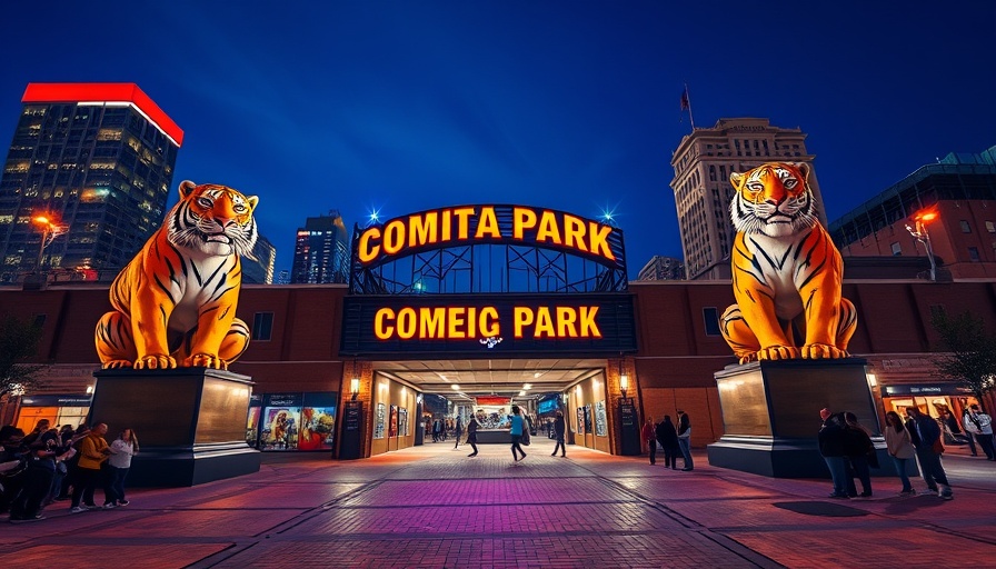Comerica Park entrance at night with tiger statues