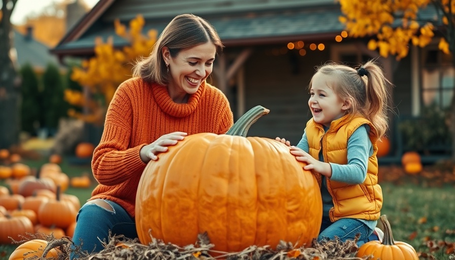 Mother and daughter laughing while pumpkin carving for Halloween, outdoors with autumn leaves.