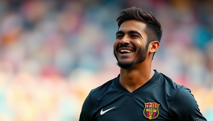 Cam Jurgens smiling in football uniform with abstract background.