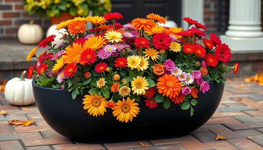 Colorful fall container garden with flowers and pumpkins, vibrant.
