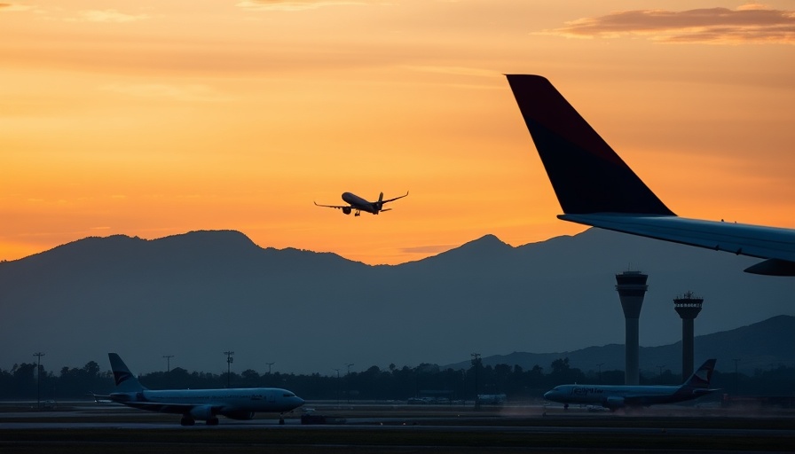 Aircraft taking off at sunset near control tower, flight delays government shutdown context.