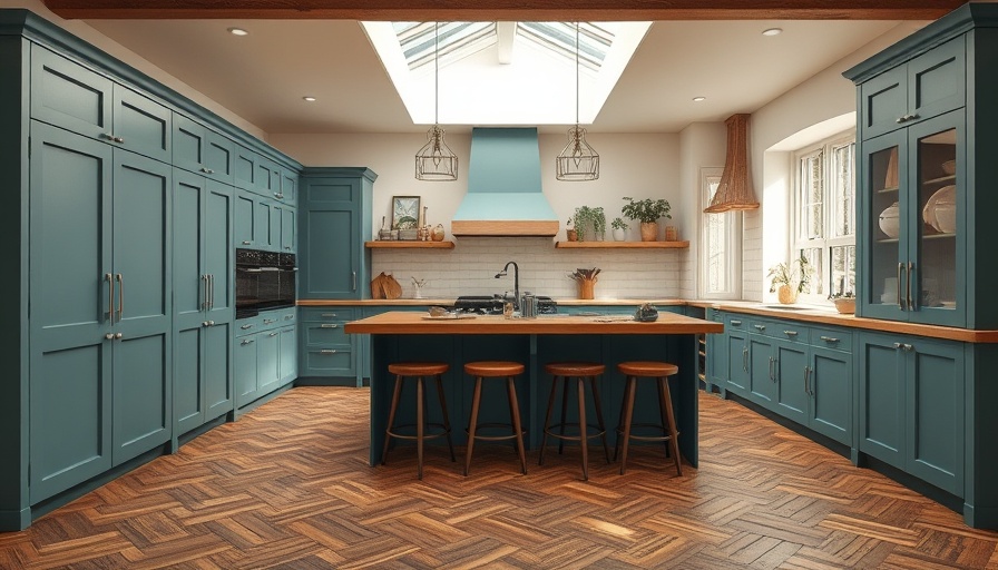 Modern rustic kitchen with large pantry, teal cabinets, wooden island.