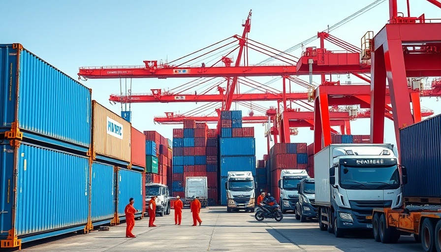 Shipping containers at busy dock amid 100 percent tariff on China imports.