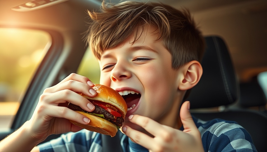 Young boy in car enjoying quick on-the-go dinner.
