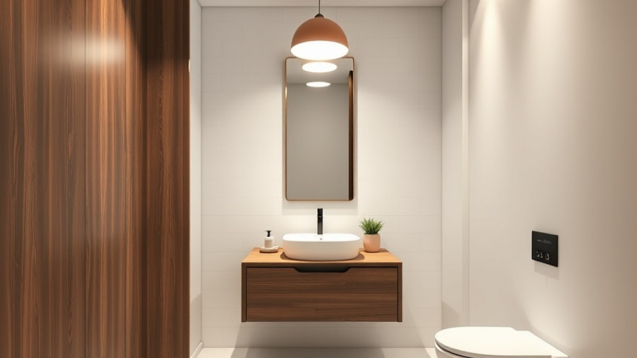 Modern powder room trends 2023 with sleek wood vanity and pendant light.