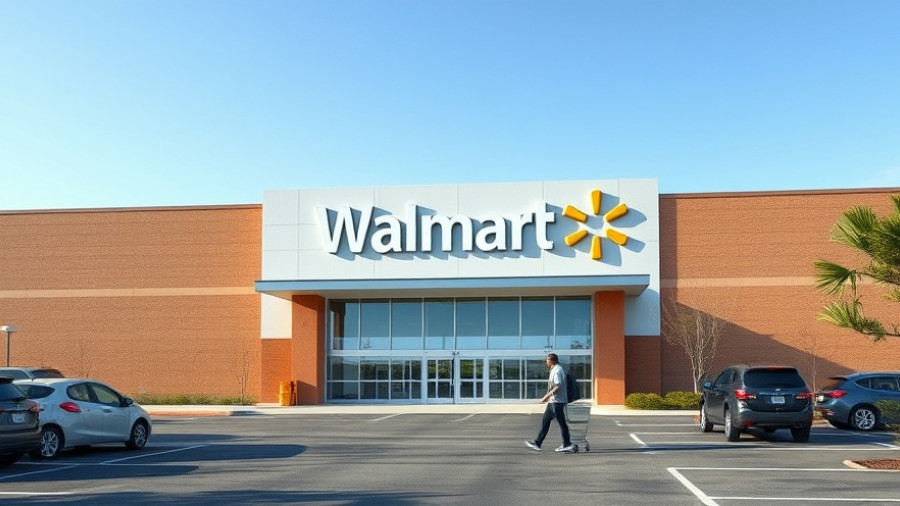 Walmart store exterior with cars and customers, sunny day.