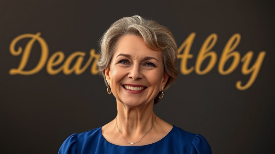 Woman in a blue dress with 'Dear Abby' text on dark background, responding to inquiries after child loss.