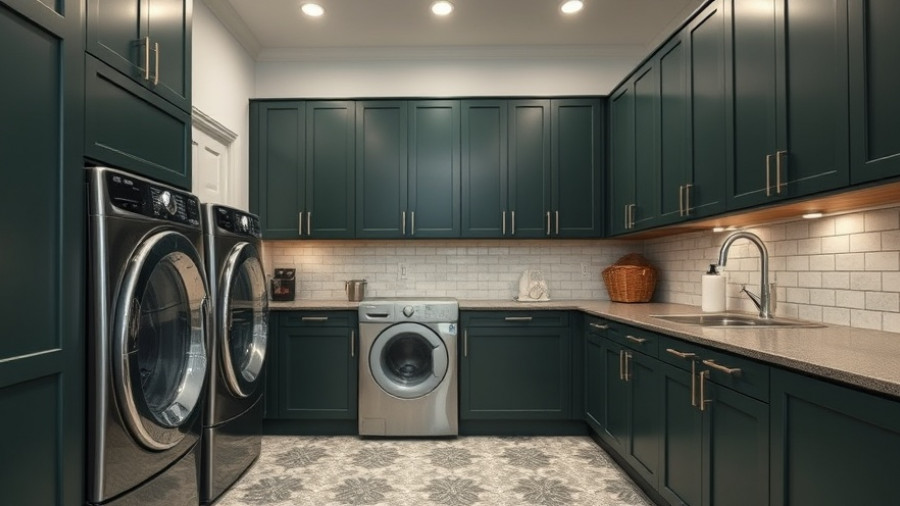 Modern laundry room design trends 2025 with green cabinets.
