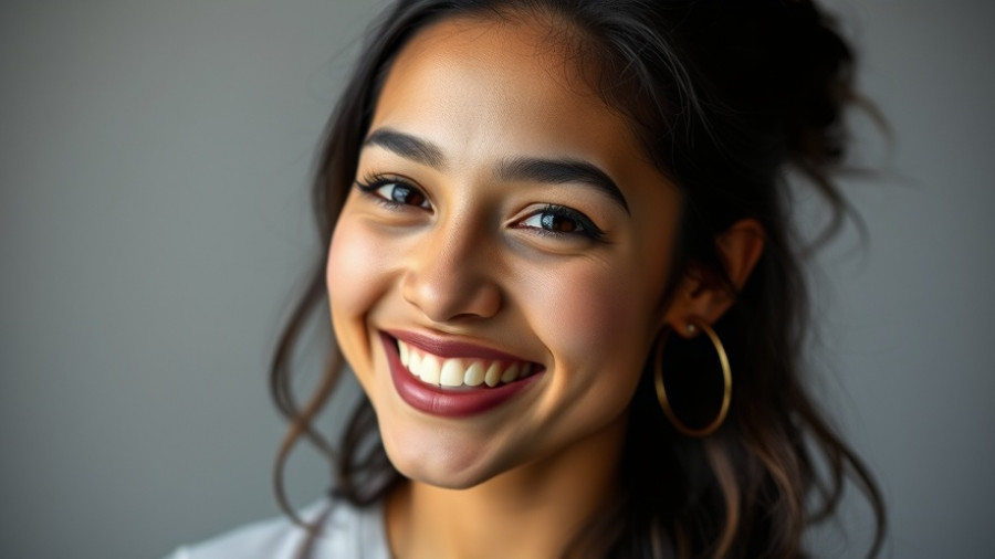 Confident woman smiling warmly for self-care inspiration.