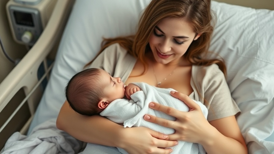 Tender moment: Mother cradling newborn in hospital bed, serene atmosphere.