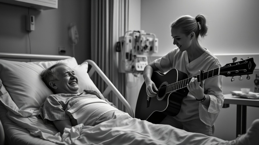 Nurse playing guitar for smiling patient, illustrating music-induced analgesia.